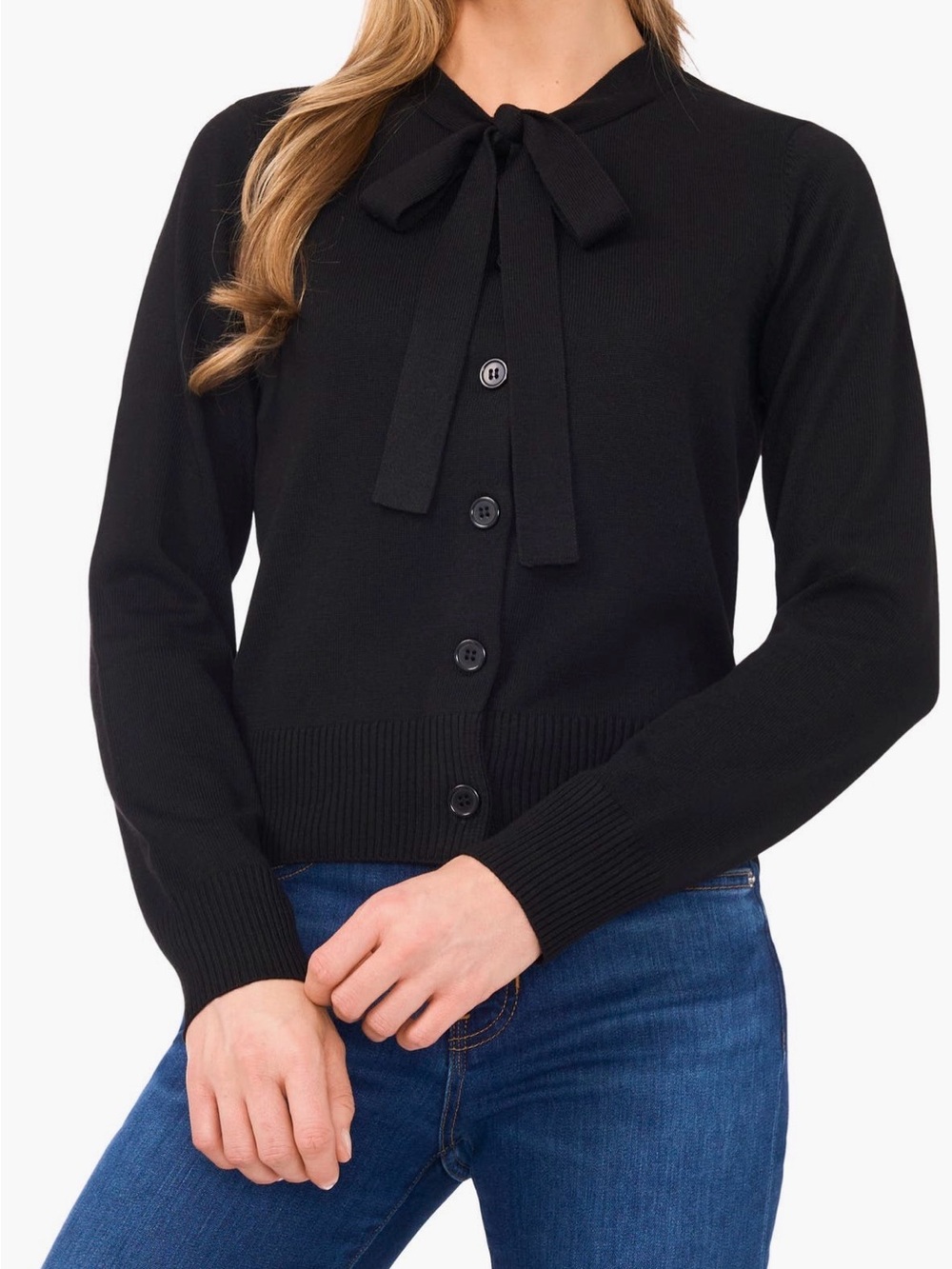 CeCe NWT Black Tie-Neck Button-Front Cardigan Sweater Size S